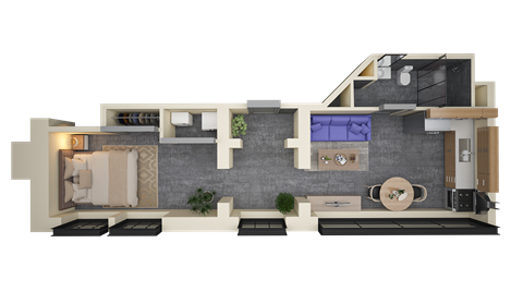 Floor plan for 1 bed, 1 bath, 718 sqft